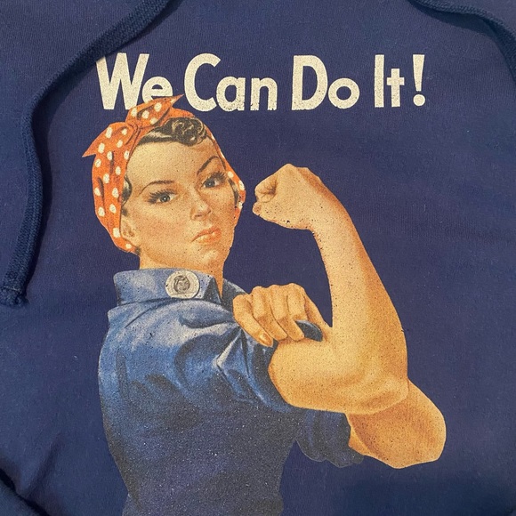 Rosie The Riveter We Can Do It Slogan WW2 Poster Retro Navy Blue Hoodie Sz Med - Picture 7 of 9